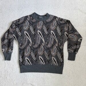 Vintage Towner Paisley Knit Sweater Grey Black Made in USA Crewneck Pullover